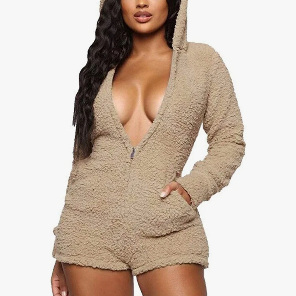 Teddy bear sherpa hooded romper short jumpsuit in beige size xl new - Picture 3 of 8